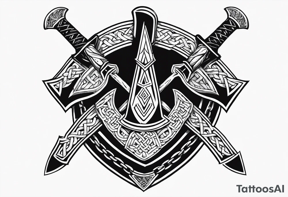 Valhalla sword shield axe Valknut chains tattoo idea