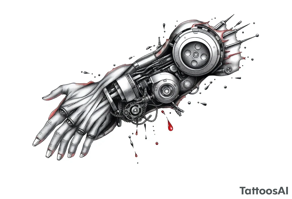 A full sleeve tattoo design for the right arm that starts at the hand and extends up to the right pectoral. The design features a melted skin effect, revealing detailed robotic parts and mechanical components underneath. The melted skin appears torn and organic, seamlessly transitioning to intricate gears, wires, and futuristic machinery beneath, creating a striking fusion of human and robotic elements. tattoo idea