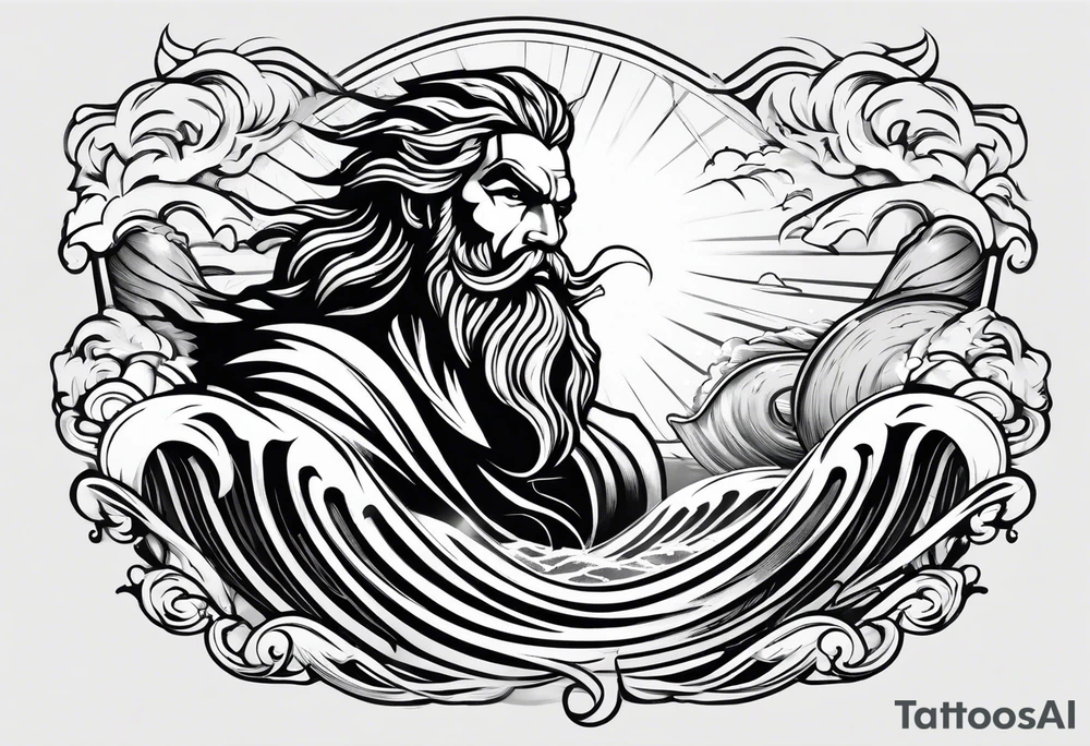 zeus lightning bolt crossed with poseidon trident with stormy waves in the background tattoo idea