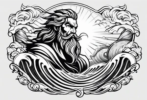 zeus lightning bolt crossed with poseidon trident with stormy waves in the background tattoo idea