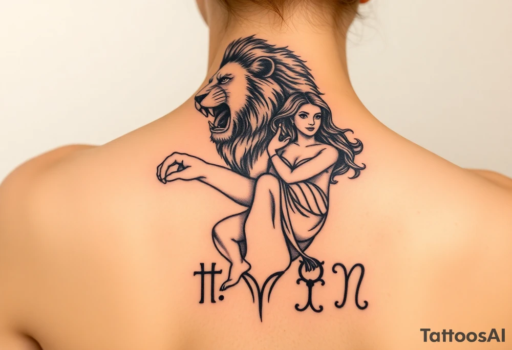 Roaring Leo lion holding virgo woman with robe and wavy hair, add Sagittarius female and Capricorn male below these tattoo idea