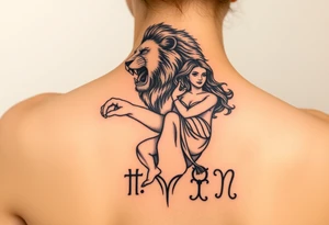 Roaring Leo lion holding virgo woman with robe and wavy hair, add Sagittarius female and Capricorn male below these tattoo idea