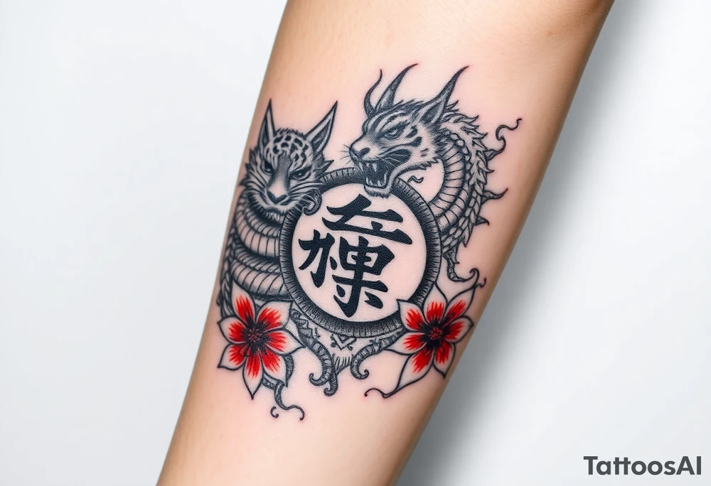 Fierce tiger and dragon surrounding Japanese symbol for “love” while being surrounded with red spider lily’s and smoke tattoo idea