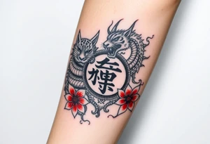 Fierce tiger and dragon surrounding Japanese symbol for “love” while being surrounded with red spider lily’s and smoke tattoo idea