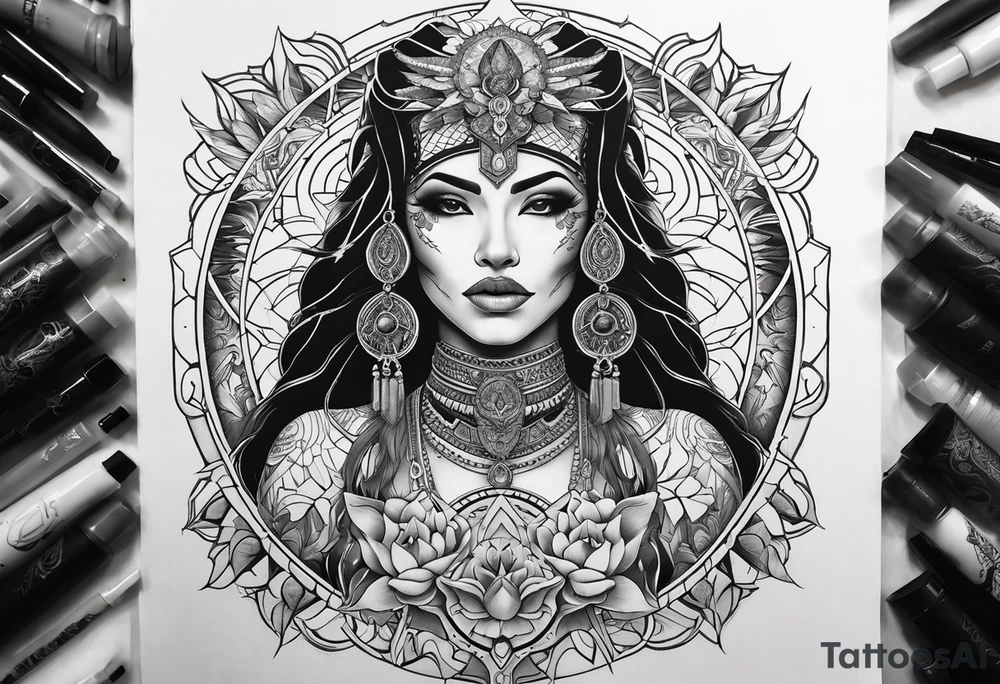 kali ma, alien goddess, valkrye, aries, pirate, divine feminine, zenza resonance, pachamama, lotus azul, blank panther, eagle, skull, 5D, nueva gaya, dna 12, left side chest tatoo tattoo idea