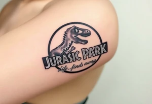 Jurassic Park logo with the dinosaur holding a big stick but with "Life, uh, finds a way" instead of the words "Jurassic Park" tattoo idea
