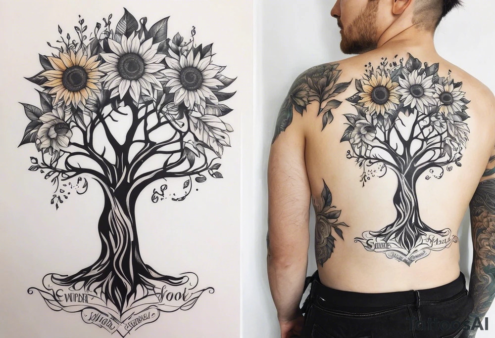 Yggdrasil tree, horse, sunflower tattoo idea