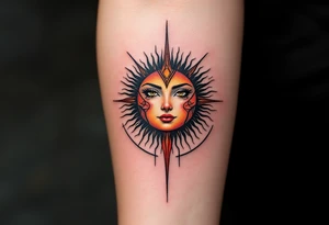 The Kolovrat, a solar symbol representing the eternal cycle of life, is often inked in bold black or fiery red and orange tones. tattoo idea