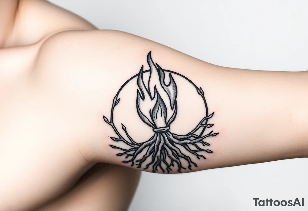 flame in a blooming roots circle tattoo idea