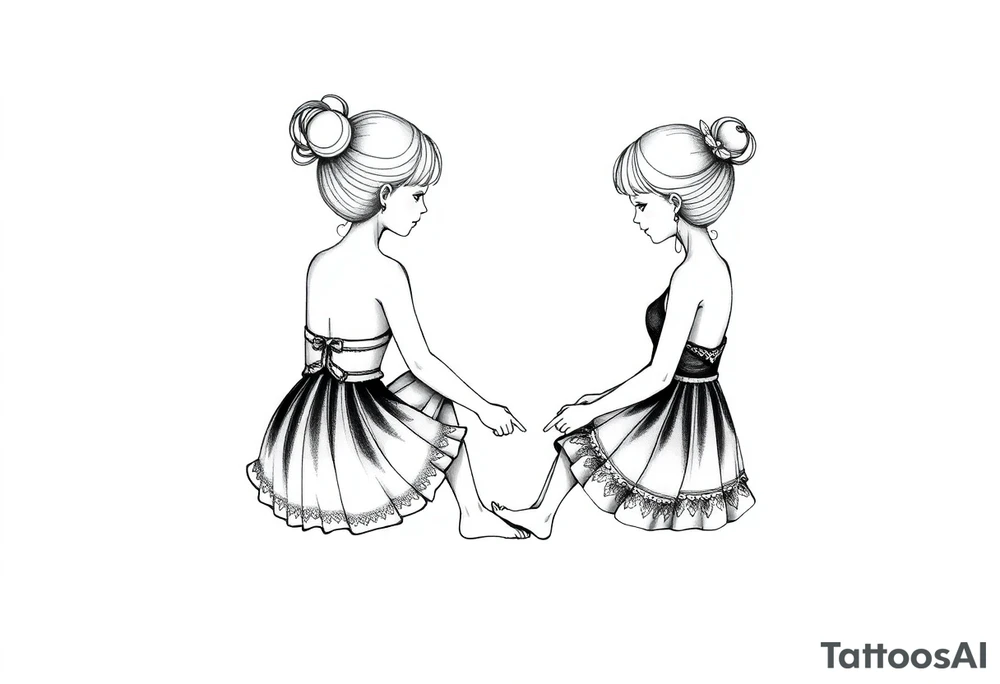 Zwei kleine mädchen sitzen sich gegenüber eine hat einen Dutt die andere einen Zopf und sie berühren sich an den Fußsohlen tattoo idea