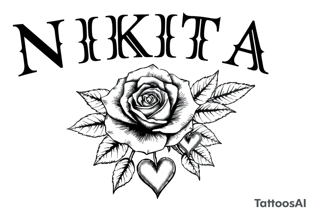 the name NIKITA WITH A ROSE AND SOME HEARTS tattoo idea