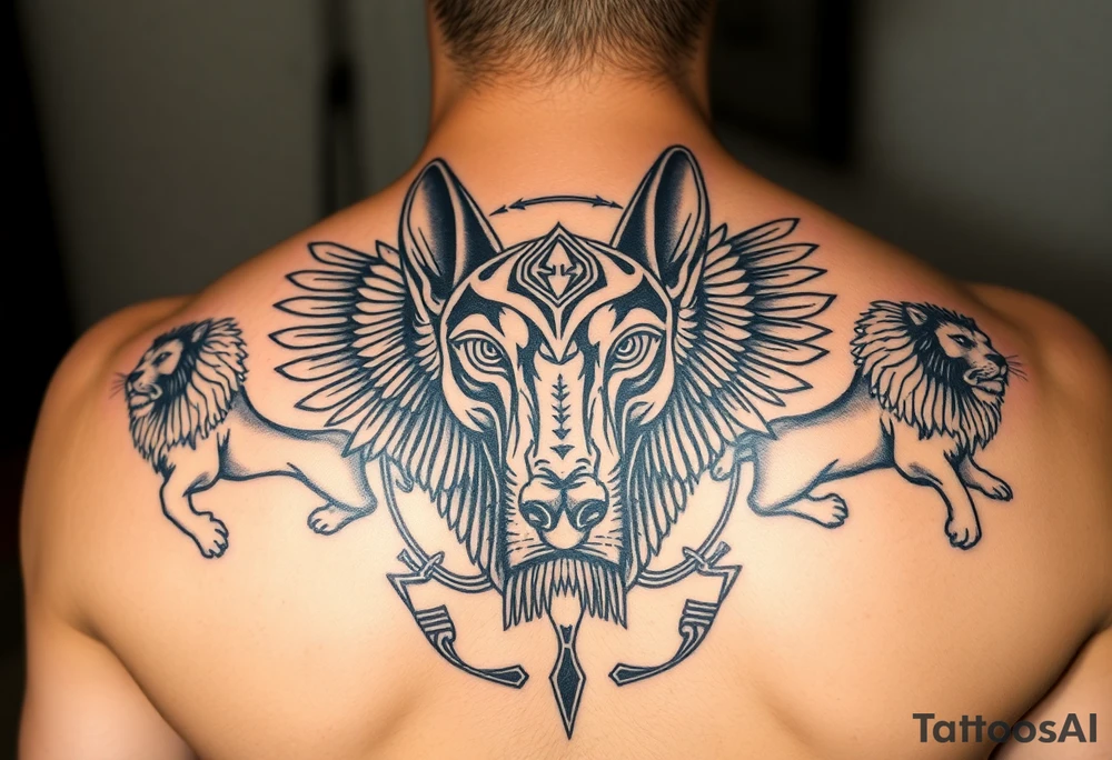Egyptian Anubis god face muscle in Egypt style dog face surrounded Egyptian symbols and lions tattoo idea