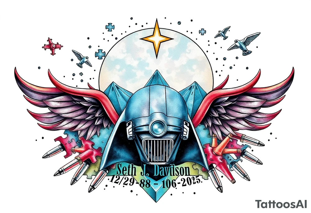 memorial, futuristic, star wars, space, Harley Davidson, skateboarding, camping, puzzle pieces, video games, heaven, god, outdoors, bullets,
Seth J. Carter AKA "Darth Carter"
12/29/88-01/06/2025 tattoo idea
