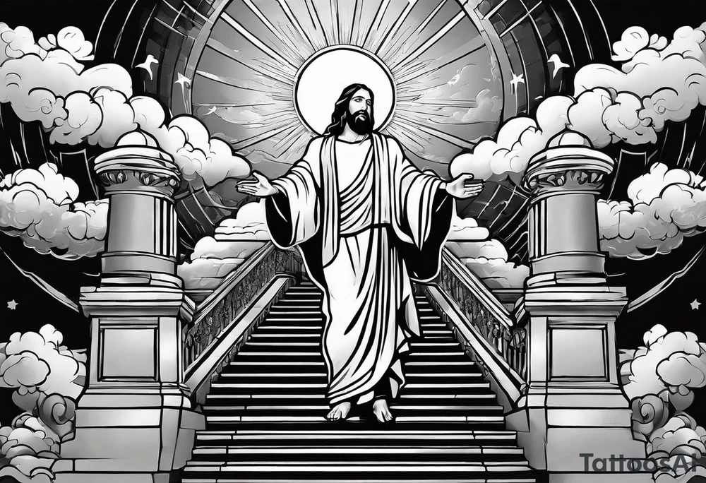 Jesus standing on a flight of stairs with clouds, sunshine and a dove in the background on the upper arm tattoo idea