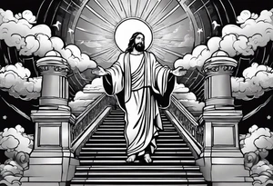 Jesus standing on a flight of stairs with clouds, sunshine and a dove in the background on the upper arm tattoo idea