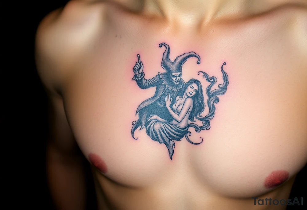 jester hovering over woman in smoke tattoo idea