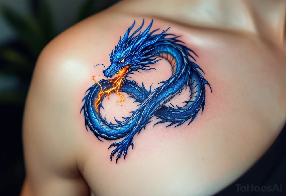 A fierce yet elegant dragon in shimmering deep sapphire blue, its body coiling into an infinity shape, symbolizing eternal love and strength. Its scales glisten with hints of silver and teal, reflecting light like liquid metal. Delicate wisps of smoke and golden fire emerge from its mouth, intertwining like dancing flames. tattoo idea