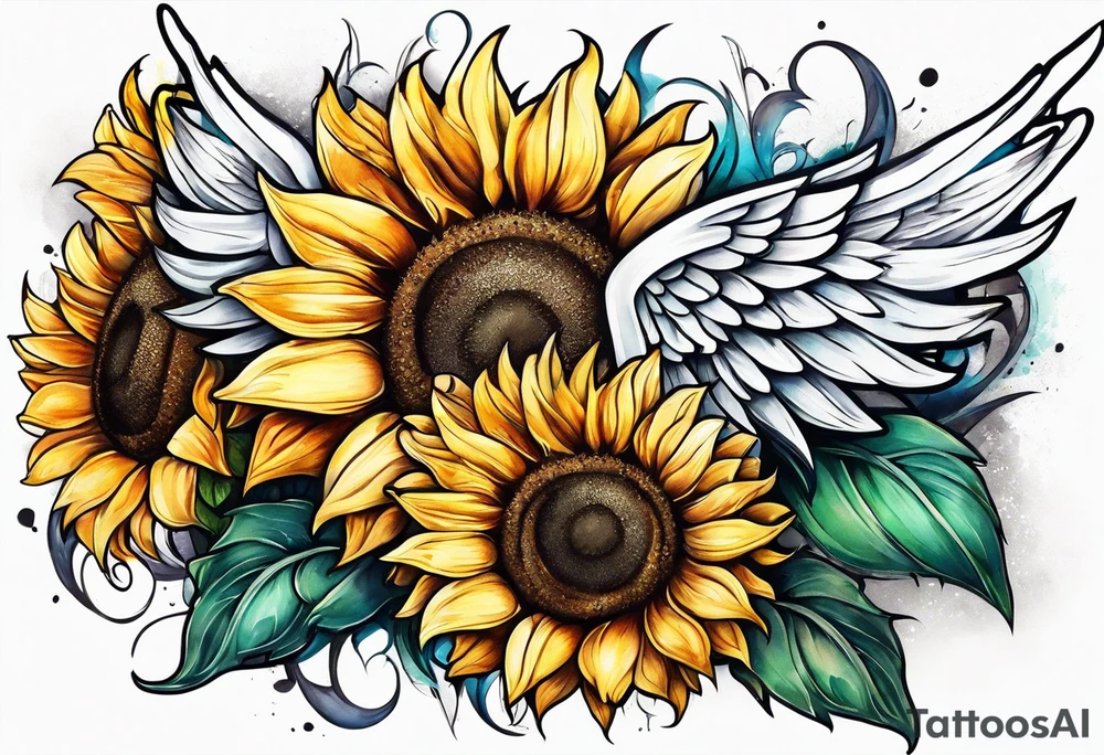 Sunflower and angel wings sleeve tattoo idea