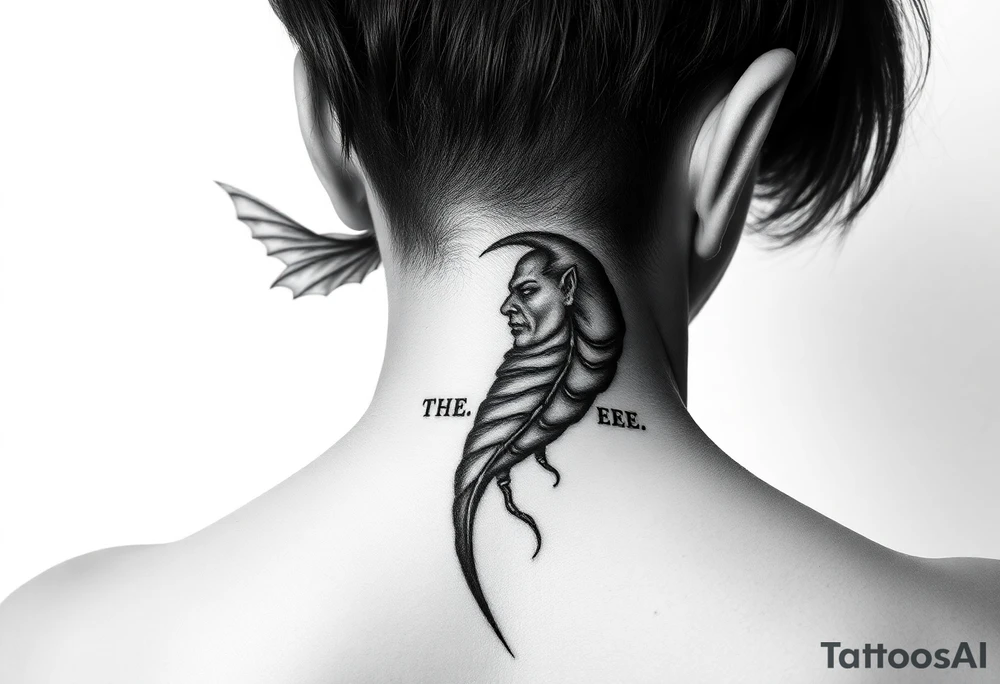 position behind the neck Angel (on the right) whispering in the right ear, demon (on the left) whispering in the left ear. It must be as realistic as possible. tattoo idea
