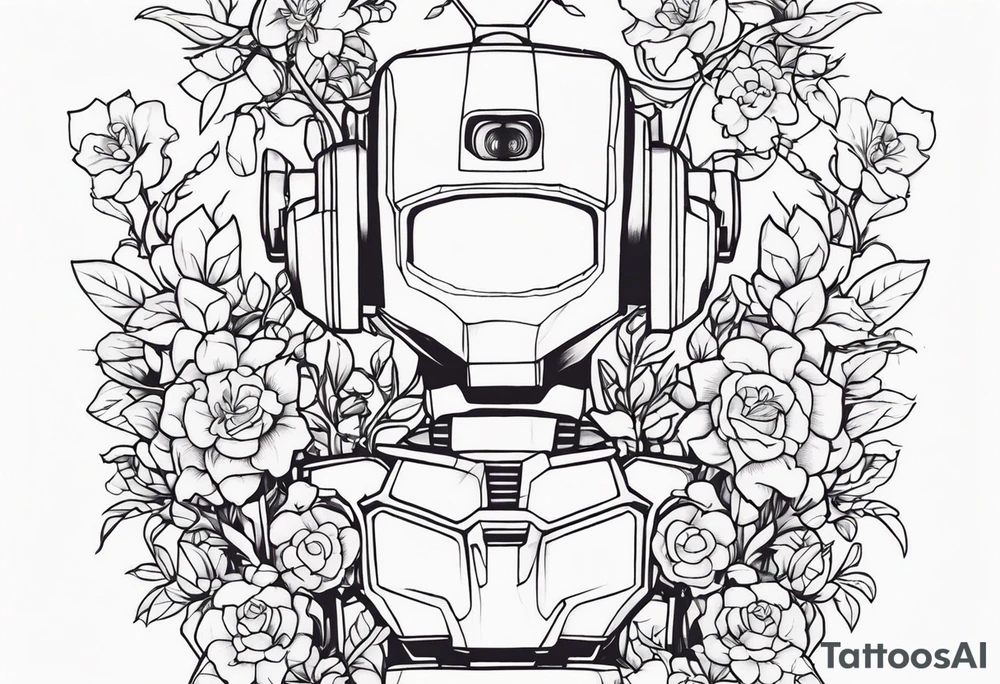 Abandoned Robot covered in flowery vines, forearm tattoo tattoo idea