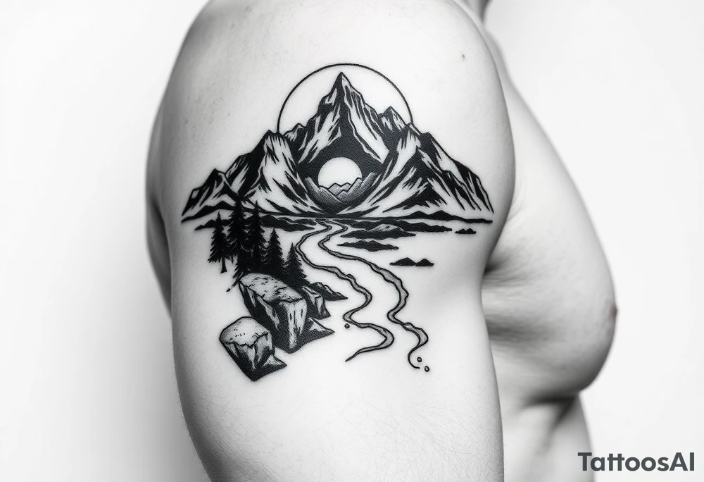 mountains with river and sunset upper arm tattoo tattoo idea mountains with river and sunset upper arm tattoo tattoo idea