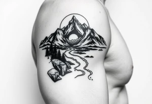 mountains with river and sunset upper arm tattoo tattoo idea