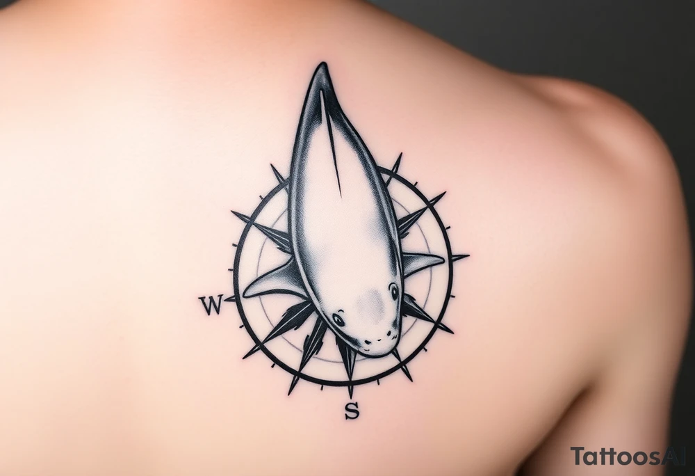 "A detailed black and grey tattoo design combining the top-down view of a shark with a compass. The shark should appear as if swimming across or emerging from the compass. The compass has intricate, sharp-edged needles and classic directional markings (N, S, E, W). The style is realistic with fine linework and light dot shading, suitable for forearm or upper arm placement. Bold yet elegant composition with oceanic and navigational symbolism." tattoo idea