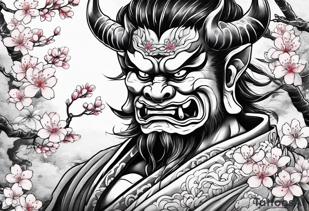 japanese oni with cherry blossom trees in the back round and japanese traditional tattoos. tattoo idea