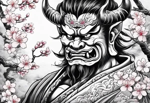 japanese oni with cherry blossom trees in the back round and japanese traditional tattoos. tattoo idea