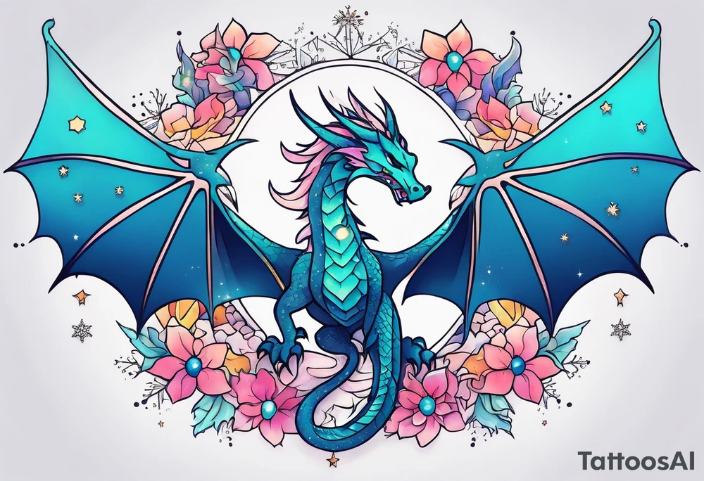 Constellation, kawaii dragon, snowflake tattoo idea
