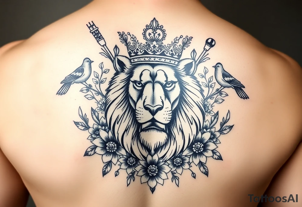 powerful majestic lion with a crown, surrounded by floral ornaments and birds tattoo idea
