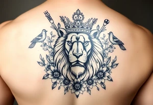powerful majestic lion with a crown, surrounded by floral ornaments and birds tattoo idea