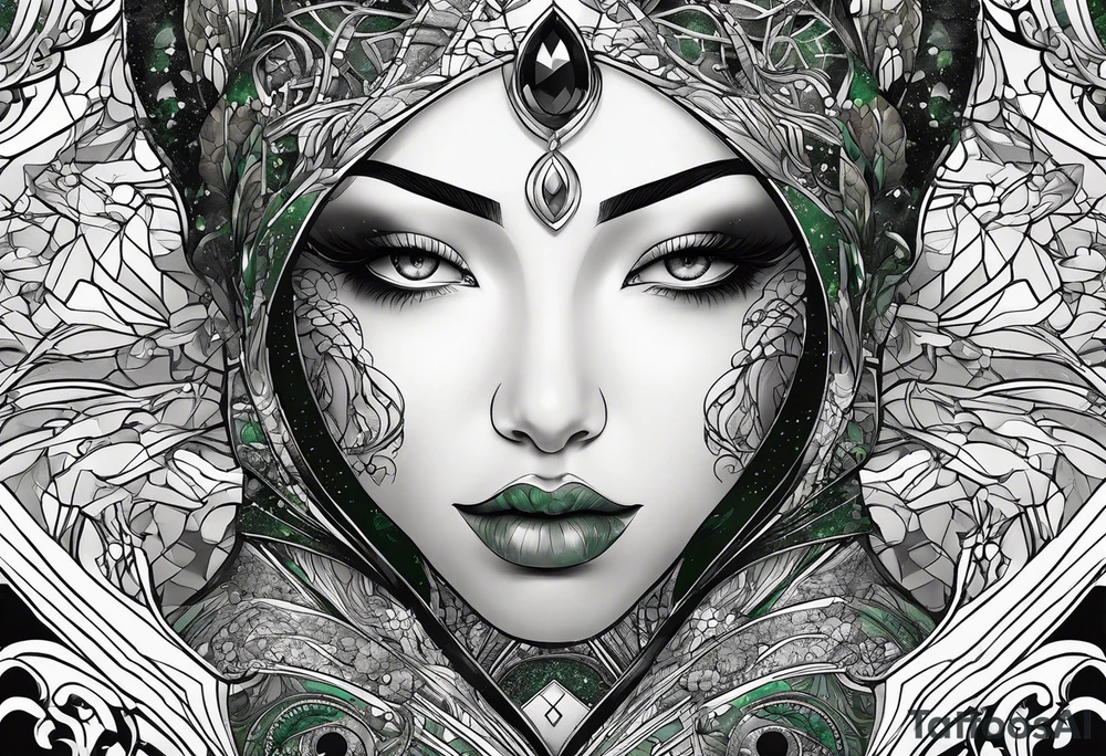 space, abstract, green and black, covered from wrist to forearm, fully covered, no borders, blackwork, no people tattoo idea