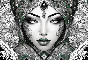 space, abstract, green and black, covered from wrist to forearm, fully covered, no borders, blackwork, no people tattoo idea