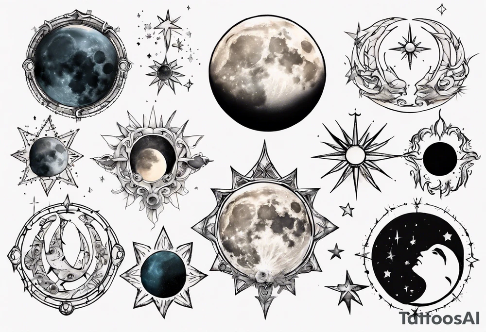 moon phase chest tattoo, semicolon, stars, moons, zodiac Cancer, tattoo idea