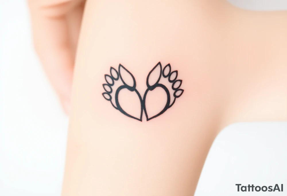 A tattoo of two paws forming a heart, one in a realistic fur texture and the other in a simple outline, symbolizing the contrast between reality and memory tattoo idea