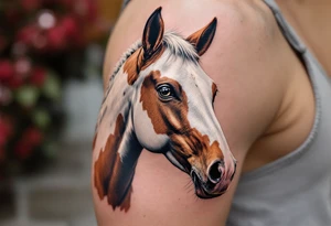 Paint Horse Portrait – A white and brown patched horse head with detailed fur texture, subtle pink muzzle and soft brown eyes, in photorealistic style. tattoo idea