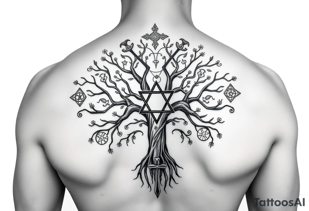 geometrical mystical tree of life with the star of David and cross cosmic roots and celestial runes and branches with HIV-positive symbol tattoo idea