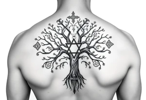 geometrical mystical tree of life with the star of David and cross cosmic roots and celestial runes and branches with HIV-positive symbol tattoo idea