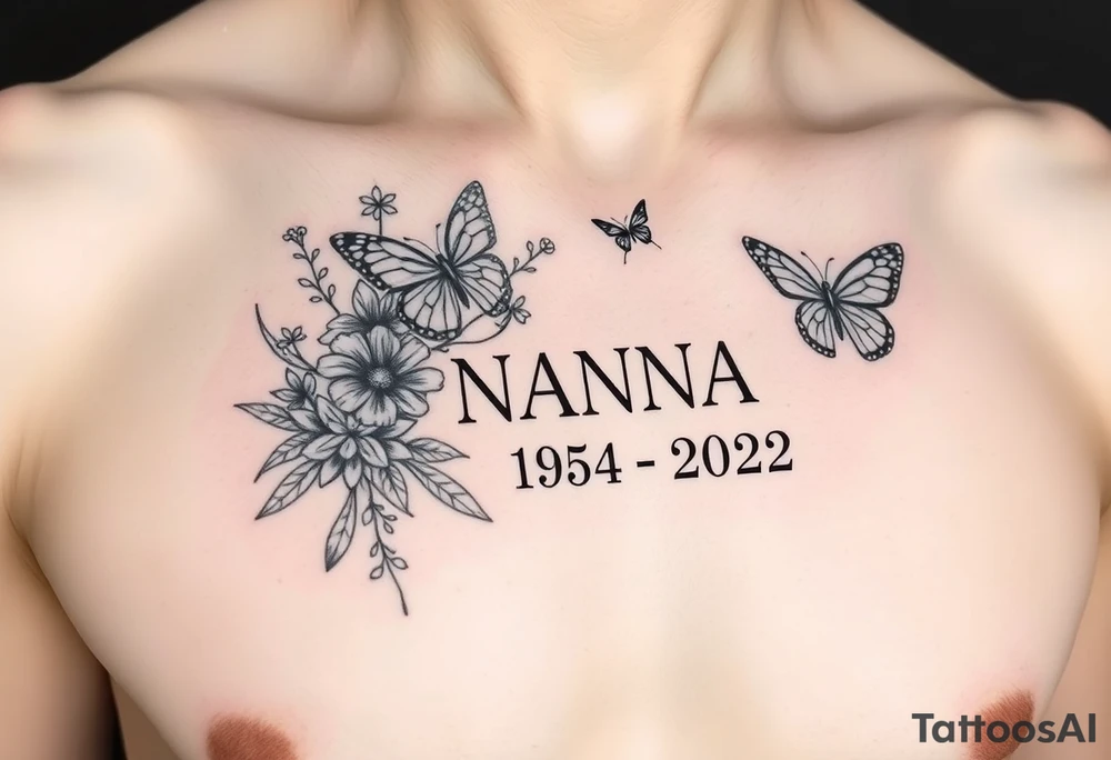 flowers and butterflies with the name “NANA” and the date “1954-2022” mixed all together on the side of the rib cage tattoo idea