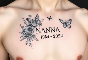 flowers and butterflies with the name “NANA” and the date “1954-2022” mixed all together on the side of the rib cage tattoo idea