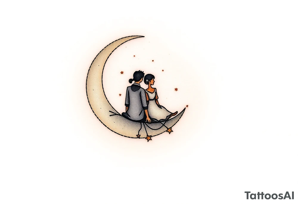 A crescent moon with a couple sitting together, wrapped in a starry sky. The moon is softly glowing with shades of silver and pale gold, with intricate dotwork creating a shimmering effect. Surrounding the moon, tiny stars twinkle in varying shades of soft blue, white, and silver, adding depth and magic to the design. The couple is outlined in minimalistic line work, with gentle shading to create a serene and intimate atmosphere. tattoo idea