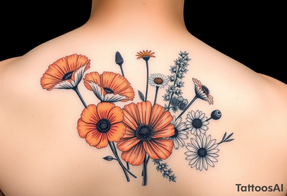 Create an image of an upper arm tattoo (from shoulder cap to just above the elbow) comprised of California poppies, California blackberries, gray’s lupine, marsh marigold, Indian paintbrush, one daisy, and an orange and orange blossom. Use color tattoo idea