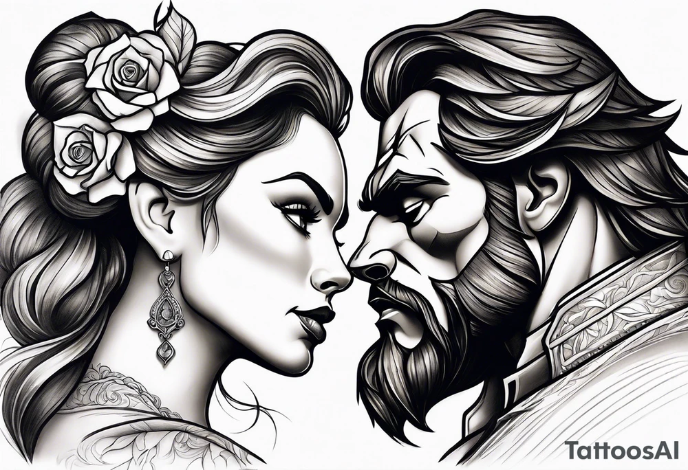 Passionate Beauty and the Beast kiss tattoo idea