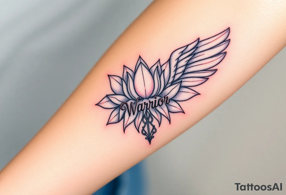 lotus flower beautiful majestic angel wing with word "Warrior" tattoo idea