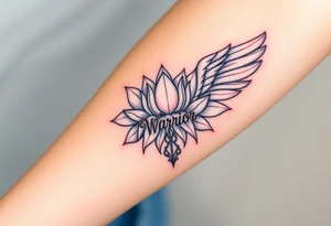 lotus flower beautiful majestic angel wing with word "Warrior" tattoo idea