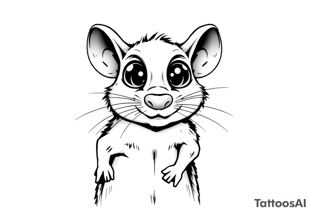 so--try it from the profile...a big head, big eyes, outside the head, big nose


Original tattoo-style illustration:

A rat standing upright

Very large, bulging eyes popping out

A cheeky / mischievous smile

Cartoon style, not baby-like

One black-and-white version + one color version

4 images in total (so you can choose the best one) 
 + this link tattoo idea