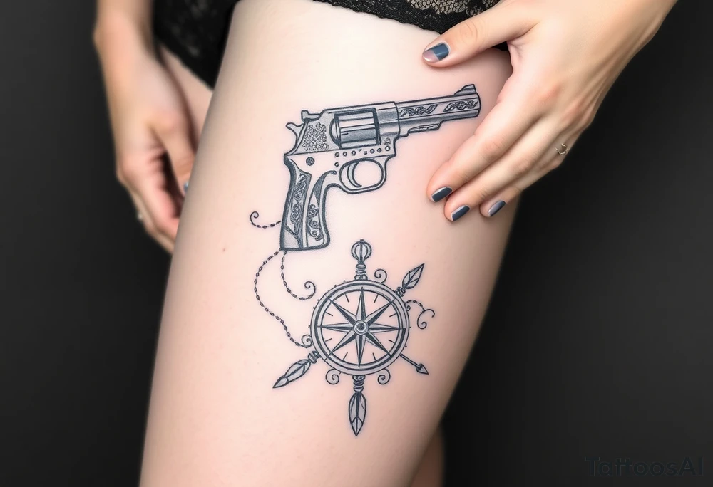 Hand 
gun, lace, large 
 compass and lipstick tattoo idea