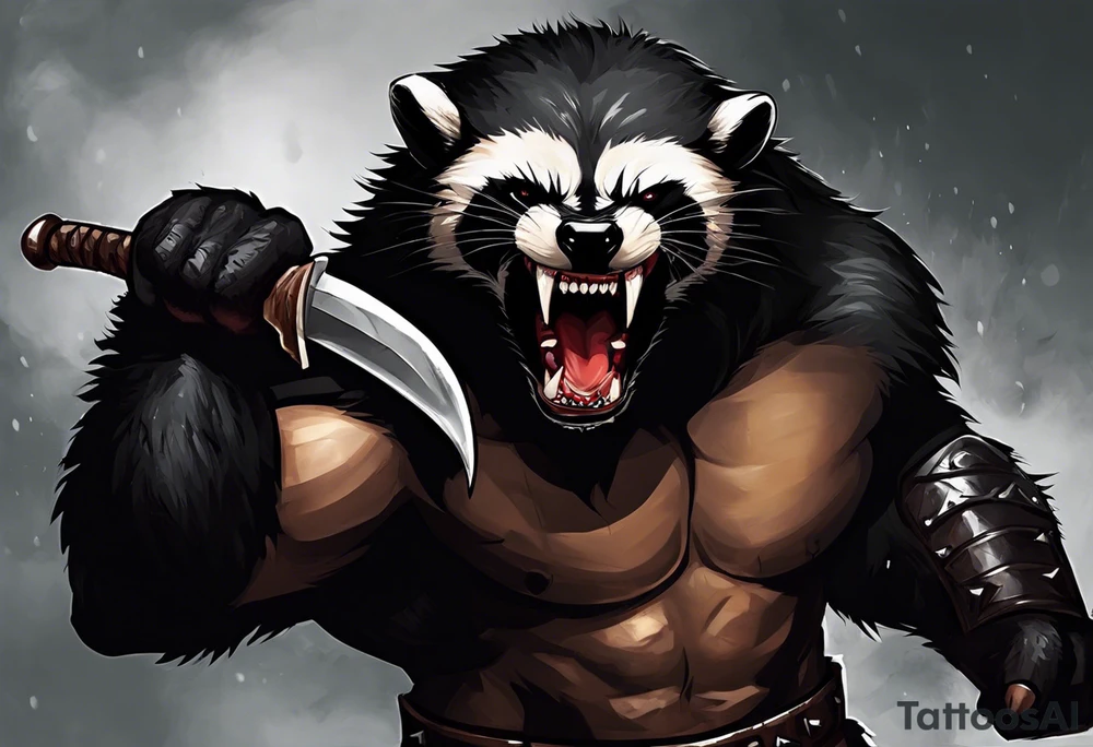 Draw me psychopath Fearless Honey Badger/Berserker with aggressive full body, killer face with a scary smile, very long nails and he attacks like a Bloody Assassin/Warrior/Gladiator to us and also, he has very deadly looking. He fights with his nails only. Everybody scares after their first sight. Give me horror type Badger Tattoo. I want to see his Realistic full body with no weapons. You can show destruction at the back. tattoo idea