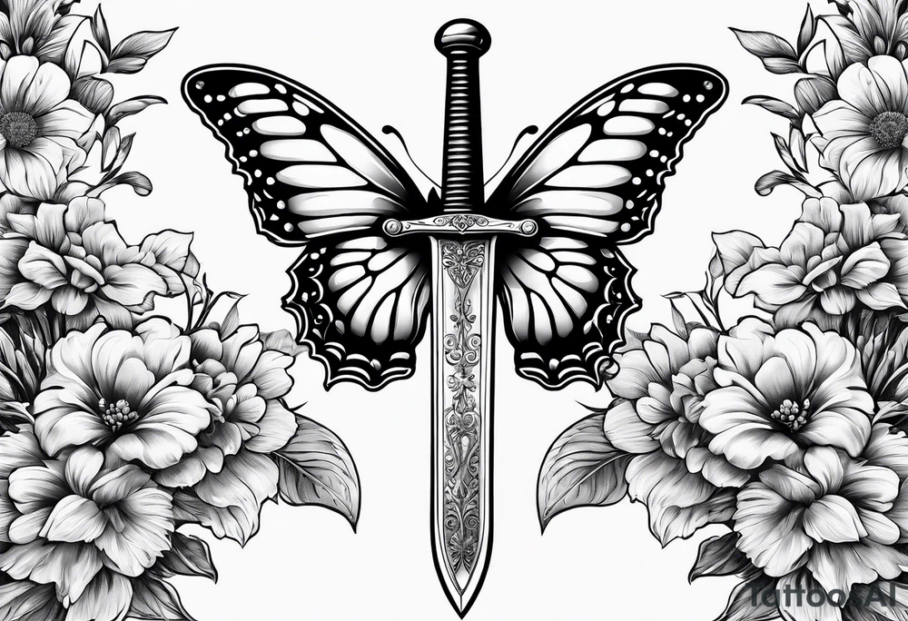 Sword with flowers wrapped around the sword. Also a butterfly tattoo idea